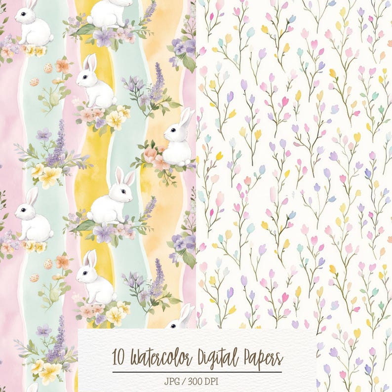 Watercolor Easter Digital Paper: Bunny, Eggs, Spring (digital Download ...