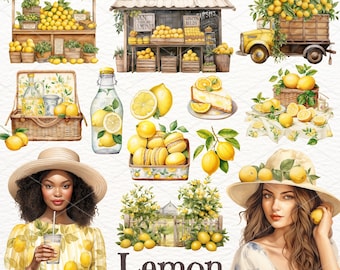 Watercolor Lemon Clipart: Summer Citrus PNG Graphics (Digital Download)