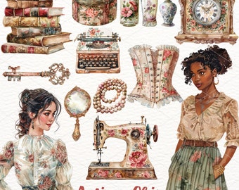 Watercolor Antique Clipart: Chic Vintage PNG Stickers (Digital Download)