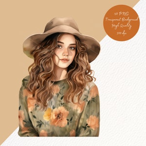 May include: A watercolor illustration of a woman with long, curly brown hair wearing a brown hat and a green floral patterned sweater.