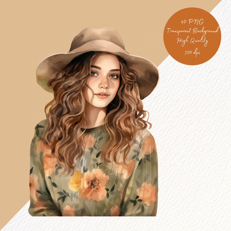 May include: A watercolor illustration of a woman with long, curly brown hair wearing a brown hat and a green floral patterned sweater.