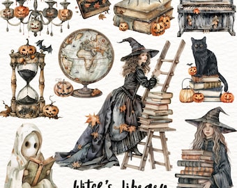Clipart de Halloween en acuarela: Biblioteca embrujada, bruja y fantasmas (Descarga digital)