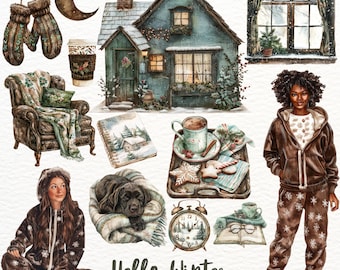 Aquarel winter clipart: gezellige hut, vakantie scrapbooking (digitale png-download)
