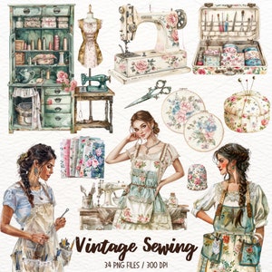 Clipart de costura vintage em aquarela, máquinas de costura, cottagecore, clipart de costureira, PNG de costura, scrapbooking, download digital, comercial