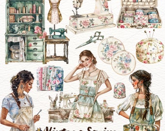 Clipart di cucito vintage ad acquerello: Cottagecore Seamstress PNG (download digitale)