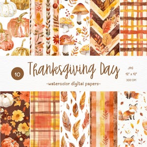 Thanksgiving Watercolor Digital Paper: Autumn Seamless Patterns (Digital Download)