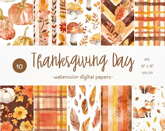 Thanksgiving Watercolor Digital Paper: Autumn Seamless Patterns (Digital Download)