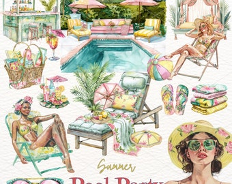 Watercolor Pool Party Clipart: Summer Beach Graphics (Digital Stickers)