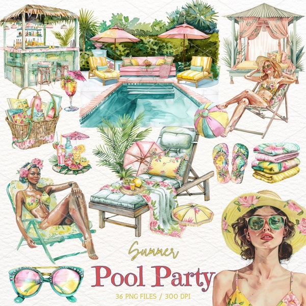 Clipart aquarelle pool party, graphiques estivaux, fille d'été, pool party, fête sur la plage, ballon de plage, cocktail, autocollants numériques, usage commercial