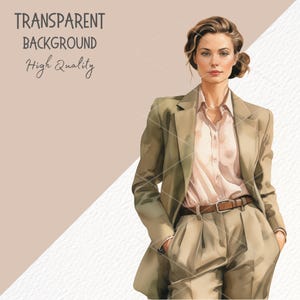 Puede incluir: Una mujer con un traje beige, una camisa rosa claro y un cintur&oacute;n marr&oacute;n. Est&aacute; de pie con las manos en los bolsillos.