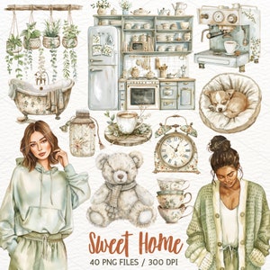 Aquarela Sweet Home Clipart, Estética aconchegante, Home Sweet Home, Planner Girl, Interior da casa, Scrapbooking, Download digital, Uso comercial
