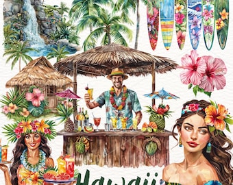 Watercolor Hawaii Clipart: Tropical Island PNG Set (Digital Download)