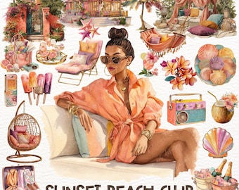 Sunset Beach Club Clipart, Summer Vacation PNG, Scrapbooking, Planner Stickers, Digital Download