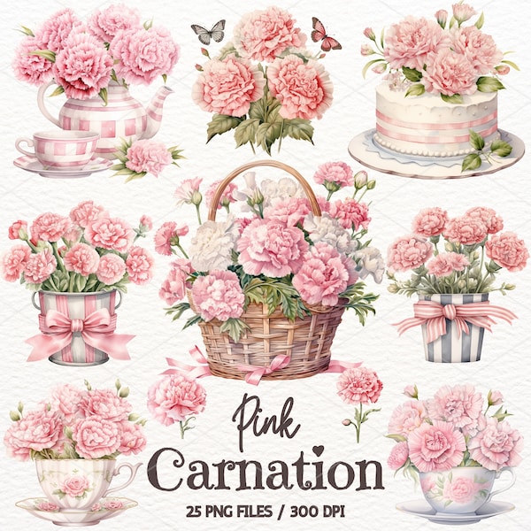 Watercolor Pink Carnation Clipart, Floral Graphic PNG, Carnation Flower, Pink Flowers, Florals, Junk Journals, Digital Download, Commercial