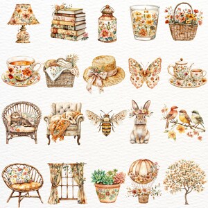 Pu&ograve; includere: Una collezione di illustrazioni ad acquerello che raffigurano vari oggetti, tra cui una lampada, libri, un barattolo, una candela, un cesto, una tazza da t&egrave;, un cesto, un cappello, una farfalla, una teiera, una sedia, un'ape, un coniglio, uccelli, una sedia, tende, una succulenta, una mongolfiera e un albero.