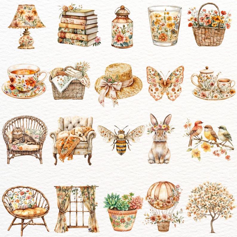 Pu&ograve; includere: Una collezione di illustrazioni ad acquerello che raffigurano vari oggetti, tra cui una lampada, libri, un barattolo, una candela, un cesto, una tazza da t&egrave;, un cesto, un cappello, una farfalla, una teiera, una sedia, un'ape, un coniglio, uccelli, una sedia, tende, una succulenta, una mongolfiera e un albero.