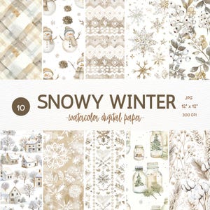 Padrão de aquarela de inverno com neve Padrão de inverno, papel de scrapbook digital de férias Padrão de repetição Papéis digitais de inverno Fazendo cartões