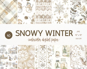 Può includere: Set di 10 design di carta digitale con illustrazioni ad acquerello di scene invernali. I design includono fiocchi di neve, pupazzi di neve, alberi invernali e un motivo a quadri. Le carte misurano 30,5 cm x 30,5 cm e 300 DPI.