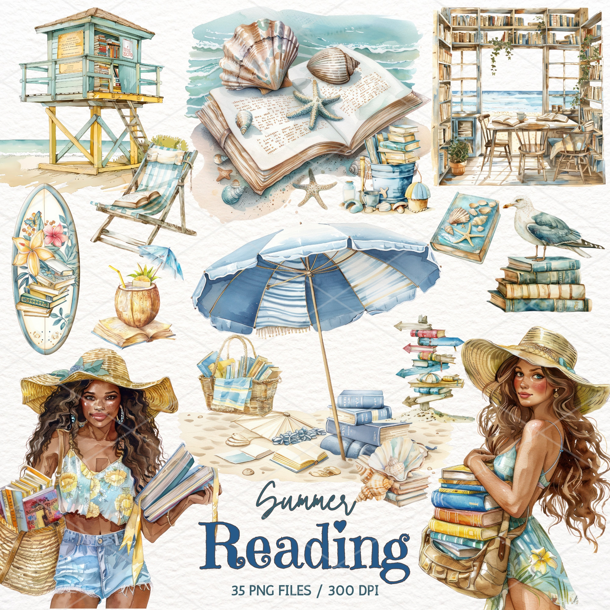 Watercolor Summer Reading Clipart: Beach Bookworm PNG (digital Download ...
