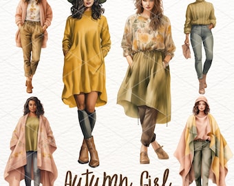 Watercolor Autumn Girl Clipart: Fall Fashion PNG Graphics (Digital Download)