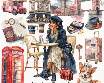 London Watercolor Clipart | British Travel Illustrations | London Landmarks & Fashion PNG Set