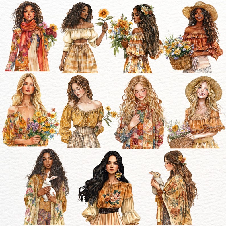 Pu&ograve; includere: Dieci illustrazioni ad acquerello di donne in varie pose, che indossano abiti floreali e tengono mazzi di fiori. Le donne hanno capelli lunghi e fluenti e sono raffigurate in uno stile fantasioso.