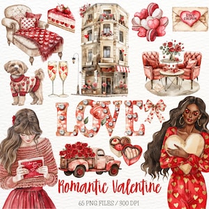 Clipart de San Valentín en acuarela, clip art romántico PNG, amor de pareja, corazones, globos, feliz día de San Valentín, pegatinas digitales, uso comercial