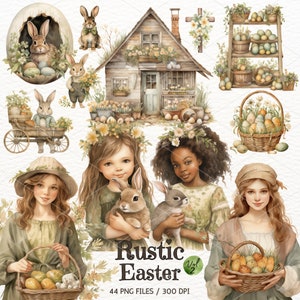 Clipart de Páscoa em aquarela, Páscoa rústica, coelhinho da Páscoa, ovos de Páscoa, cesta de Páscoa, cena de Páscoa, scrapbooking, comercial de download digital