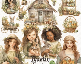Watercolor Rustic Easter Clipart: Bunny, Eggs, Basket (Digital Download)