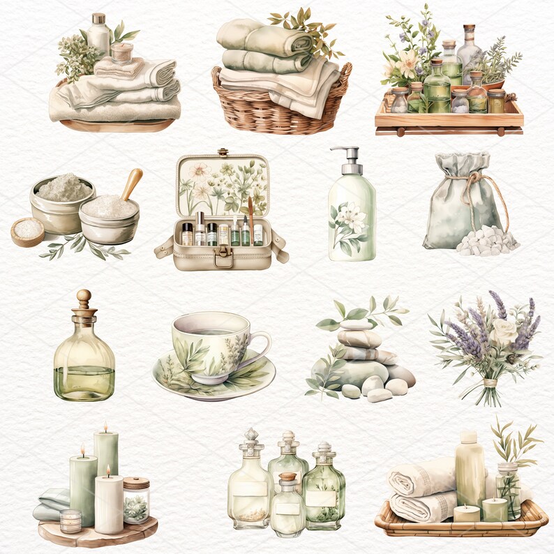 May include: A collection of watercolor illustrations featuring spa and wellness items, including towels, candles, essential oils, bath salts, and a teacup. The illustrations are in a soft, muted color palette and have a delicate, hand-painted style.