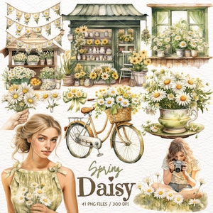 Clipart de margaridas em aquarela, PNG floral de primavera, clipart de flores silvestres, buquê de flores, álbum de recortes para fazer cartões, download instantâneo, uso comercial