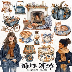 Clipart de chalé de outono em aquarela, aconchegante outono Cottagecore, gráficos PNG de outono, abóbora, campo, álbum de recortes Download digital para comercial