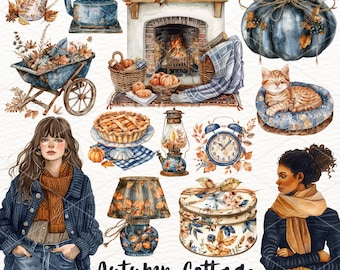 Clipart di cottage autunnale ad acquerello: grafica PNG autunnale accogliente (download digitale)