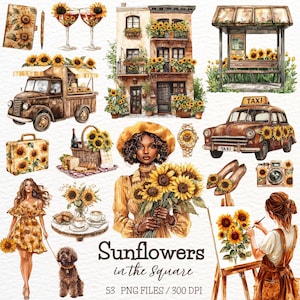 Clipart tournesols aquarelle, été, printemps, automne, fleurs, bouquet de tournesols, fleurs d'été, autocollants numériques, scrapbooking, publicité