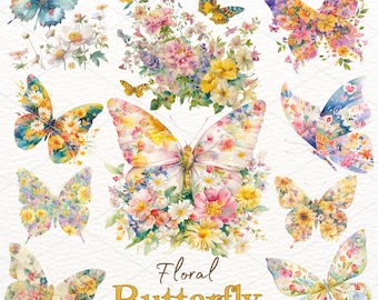 Watercolor Butterfly Clipart: Floral Spring PNG Illustrations (Digital Download)