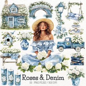 Aquarell Weiße Rosen Denim Clipart Cottagecore Rosen Grafik Frühling Florals Weiße Rosen PNG Denim Mädchen Digitale Aufkleber Planer Werbung
