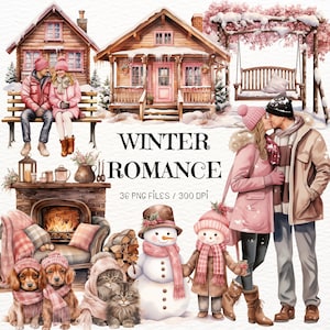 Aquarell Winter Romantik Clipart, Valentinstag Illustration, romantischer Winter, kommerzielle Nutzung, Paare in der Liebe