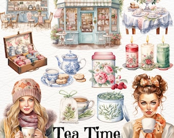 Tea Time aquarel clipart: 46 png-illustraties (digitale download)