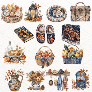 Pu&ograve; includere: Un set di illustrazioni ad acquerello con elementi autunnali, tra cui un cesto di mele, un cesto di zucche, una lanterna, un libro, un letto per cani con un cucciolo, una valigia vintage, un paio di pantofole, una coperta, una torta, un'anfora, un vaso di fiori, un appendiabiti con cappelli e cappotti e una cassetta delle lettere. Le illustrazioni sono dipinte in uno stile rustico con colori caldi.