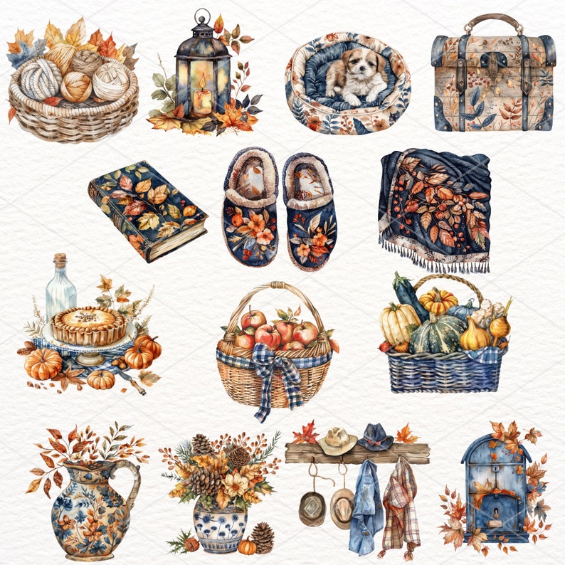 Pu&ograve; includere: Un set di illustrazioni ad acquerello con elementi autunnali, tra cui un cesto di mele, un cesto di zucche, una lanterna, un libro, un letto per cani con un cucciolo, una valigia vintage, un paio di pantofole, una coperta, una torta, un'anfora, un vaso di fiori, un appendiabiti con cappelli e cappotti e una cassetta delle lettere. Le illustrazioni sono dipinte in uno stile rustico con colori caldi.