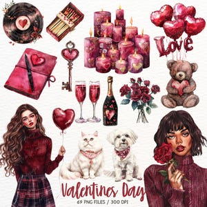 Clipart de San Valentín en acuarela, Feliz día de San Valentín, Clip Art romántico, Amor, Globos PNG, Carta de amor, Pegatinas digitales, Uso comercial