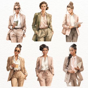 Puede incluir: Seis ilustraciones de mujeres vestidas con atuendos de negocios. Las mujeres visten trajes en varios tonos de beige y marr&oacute;n. Algunas de las mujeres sostienen tazas de caf&eacute;, mientras que otras sostienen maletines o tabletas.