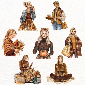 May include: Watercolor illustrations of women in autumn attire. The images depict women with blonde hair, wearing fall-themed clothing, and holding items like coffee, flowers, and a pumpkin. The color palette includes warm tones of brown, orange, and yellow.