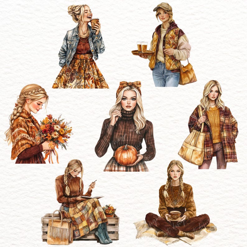 May include: Watercolor illustrations of women in autumn attire. The images depict women with blonde hair, wearing fall-themed clothing, and holding items like coffee, flowers, and a pumpkin. The color palette includes warm tones of brown, orange, and yellow.