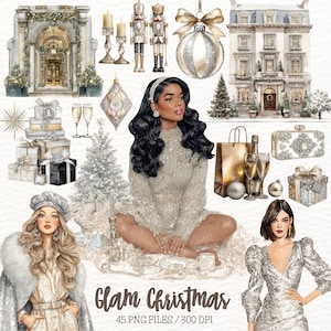 Puede incluir: Ilustración digital con temática Glam Christmas. La imagen presenta una mujer, adornos navideños, regalos, un árbol de Navidad y el texto "Glam Christmas". La paleta de colores incluye oro, plata y blanco.