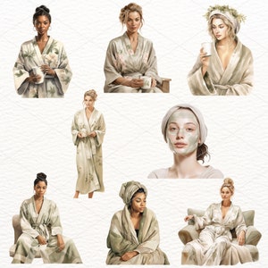 May include: A collection of illustrations featuring women in various stages of self-care, including wearing robes, face masks, and relaxing in chairs. The illustrations are done in a watercolor style with soft colors and delicate details.