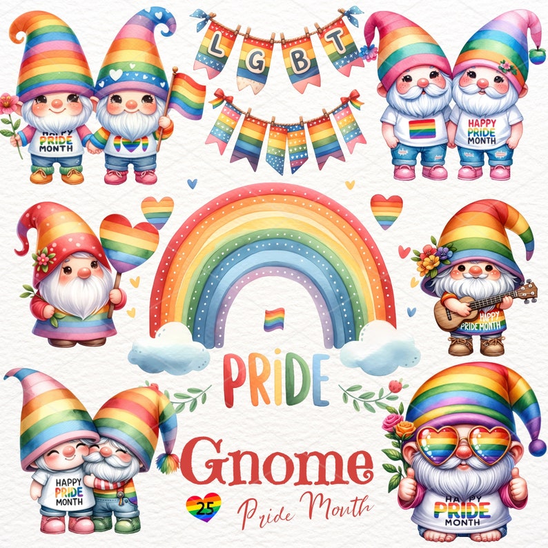 Watercolor Pride Month Gnome Clipart, LGBT Gnome PNG, Diversity Pride