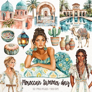 Clipart marocain aquarelle, clipart Maroc, voyage d'été PNG, intérieur marocain, décoration marocaine, agenda numérique, autocollants, scrapbooking