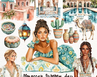Watercolor Moroccan Clipart: Summer Travel PNG Graphics (Digital Download)