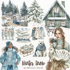Clipart neve invernale acquerello, Cottagecore, Clipart scandinavo, decorazioni natalizie scandinave nordiche, inverno accogliente, adesivi digitali, scrapbooking